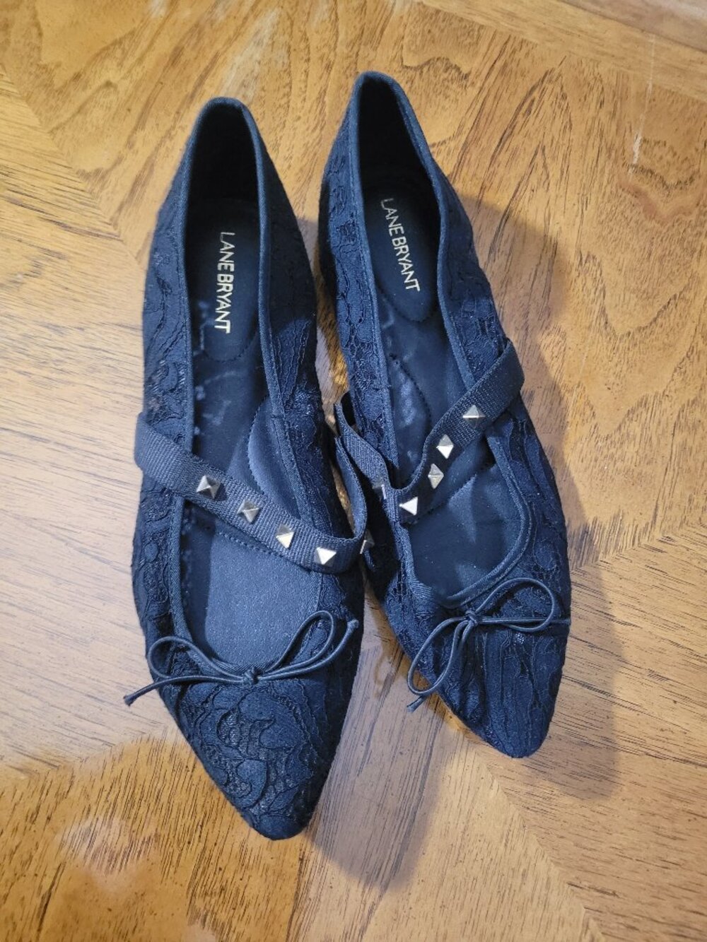 Lane Bryant Black Lace Pointy Flats With Studded Strap Size 12W